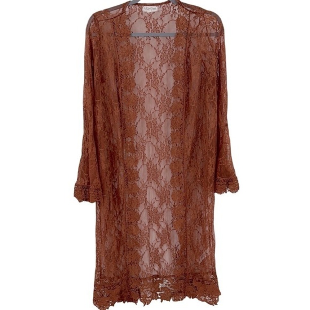 Full Circle Trends Burnt Orange‎ Floral Lace Bell Sleeve Duster Kimono Cardigan